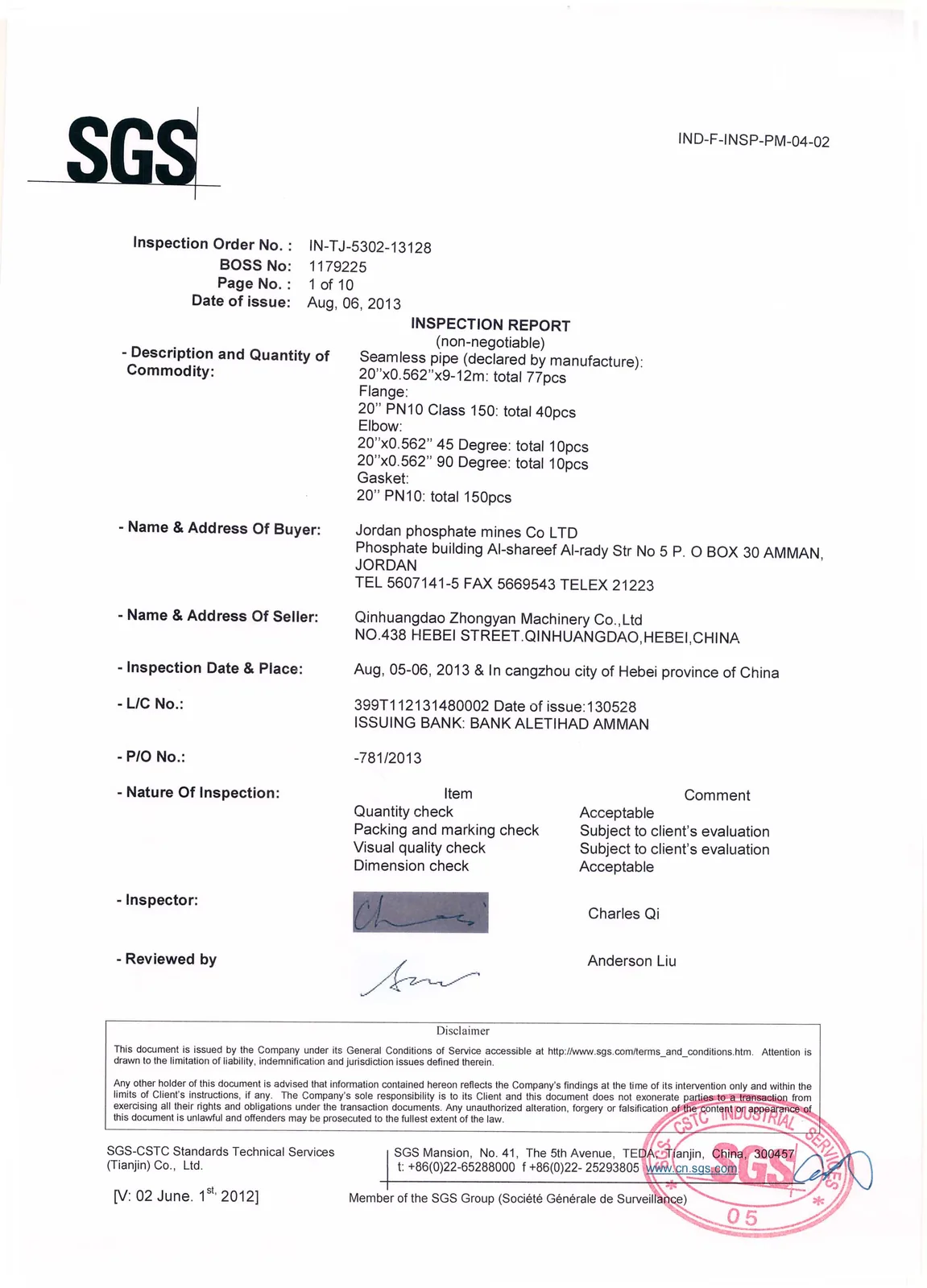 SGS inspection report - page 1